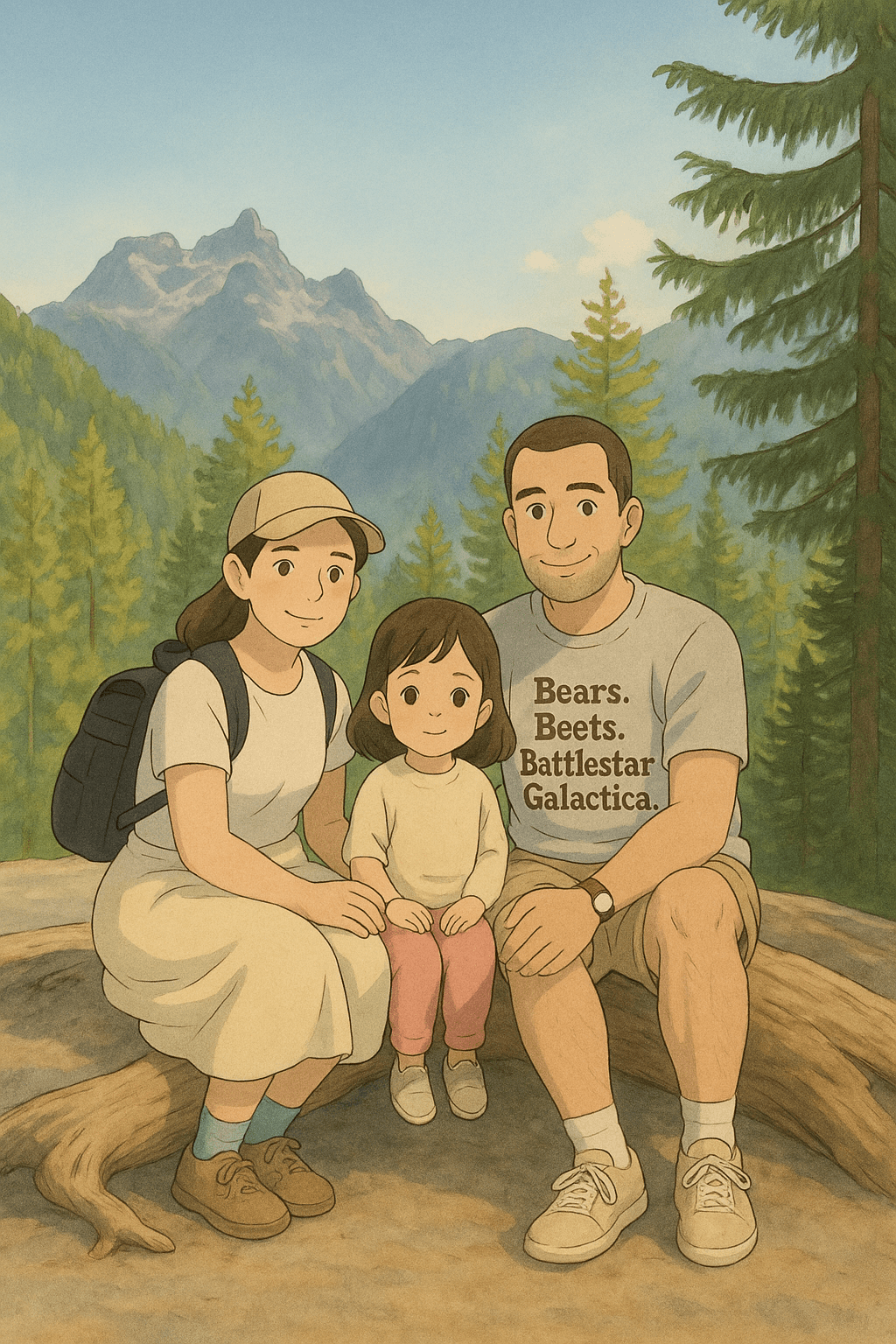Ahmed and Carol with their child sitting on a log in a beautiful mountain forest setting