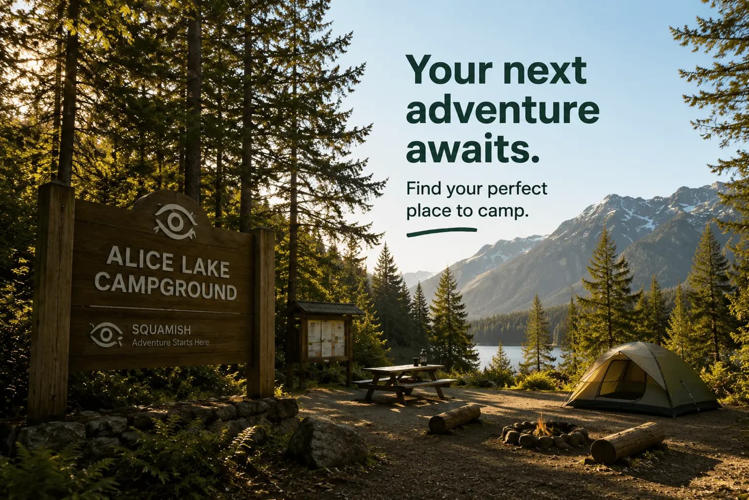 A tent beside a calm forested lake, like the swimming lakes at Alice Lake near Squamish.