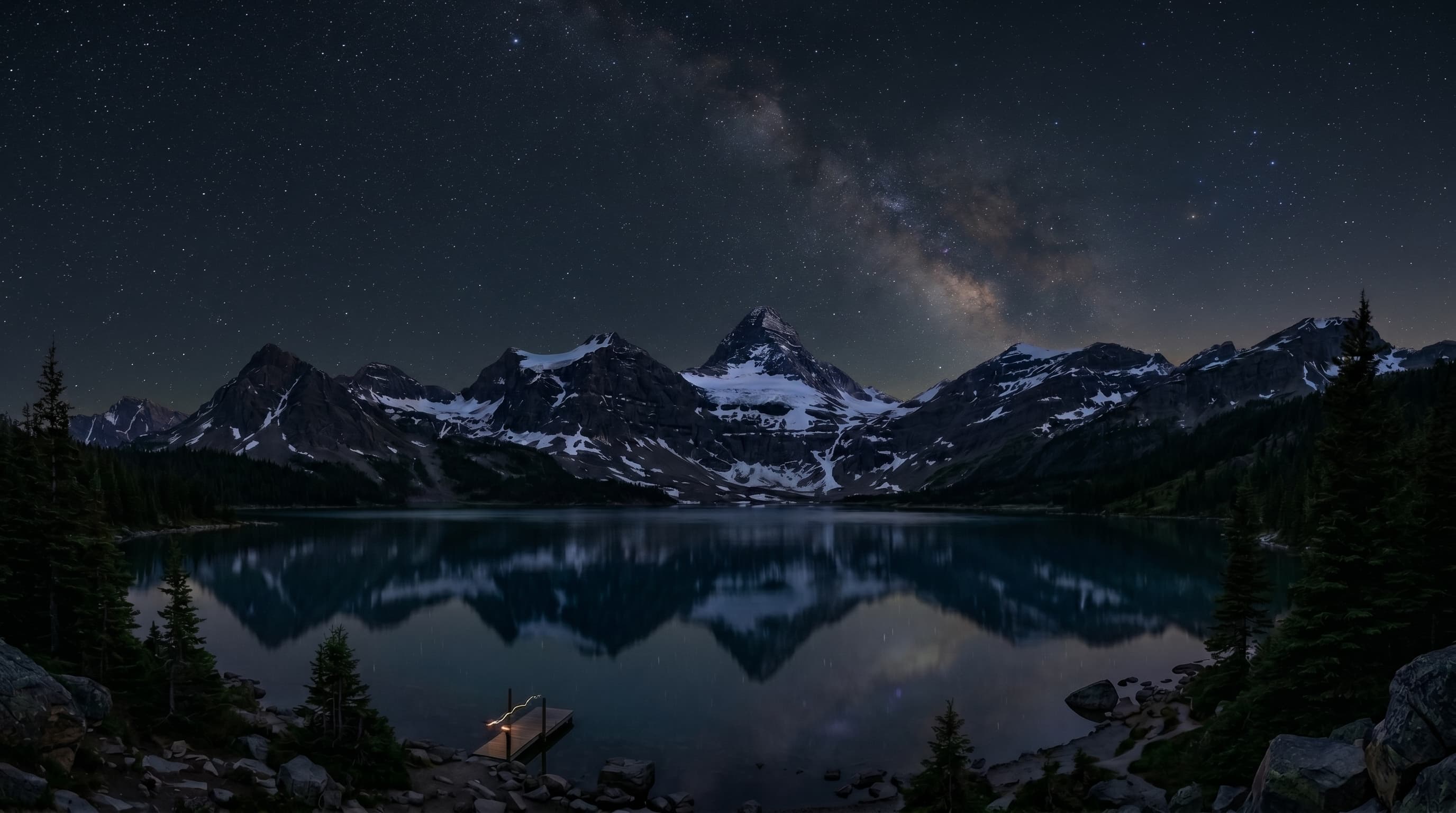 Panoramic photo of BC mountains under the Milky Way at night.