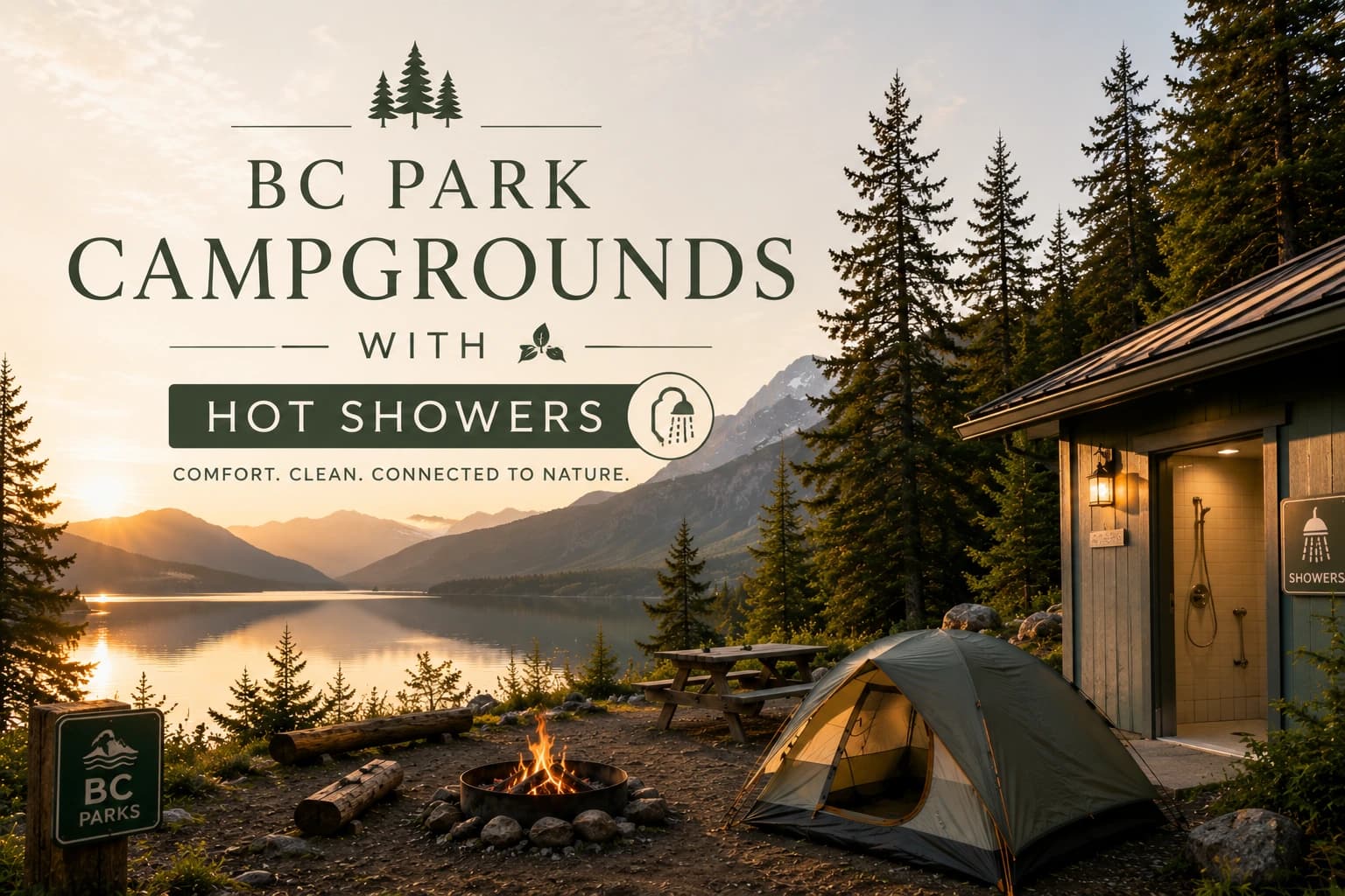 A tent beside a lake, representing comfortable BC campgrounds with showers.