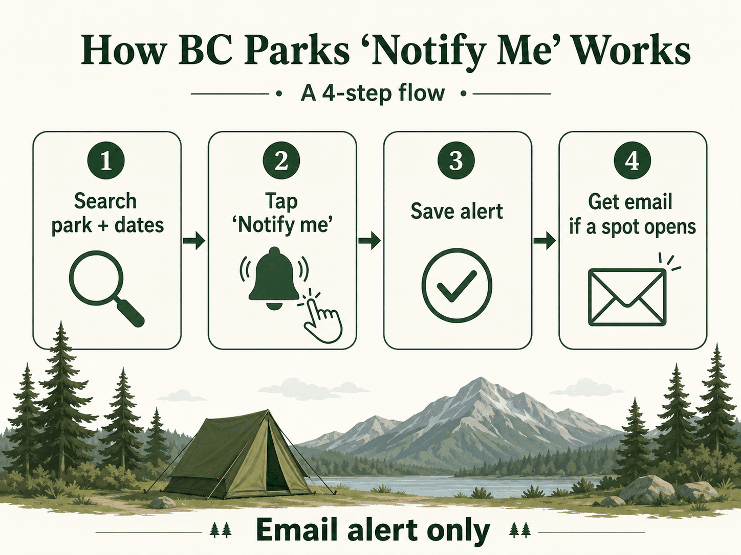 Screenshot-style graphic showing the BC Parks Notify Me process.