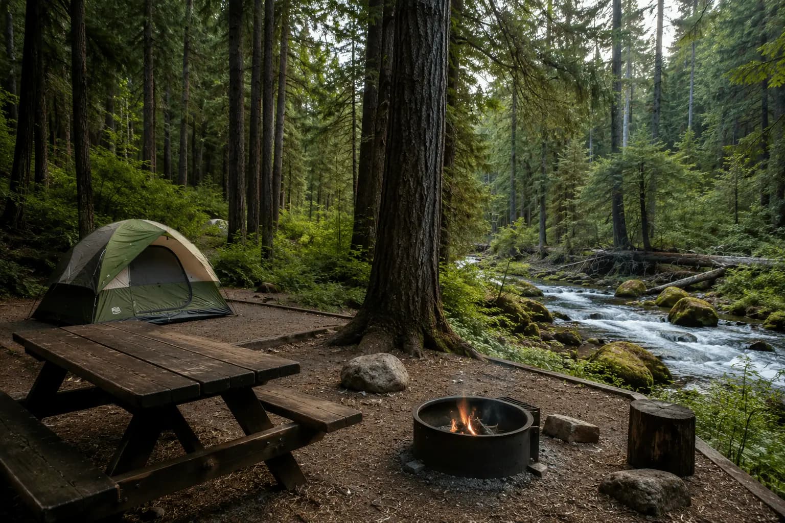 A tent near a sunny lake shoreline, like Okanagan Lake at Bear Creek near Kelowna.