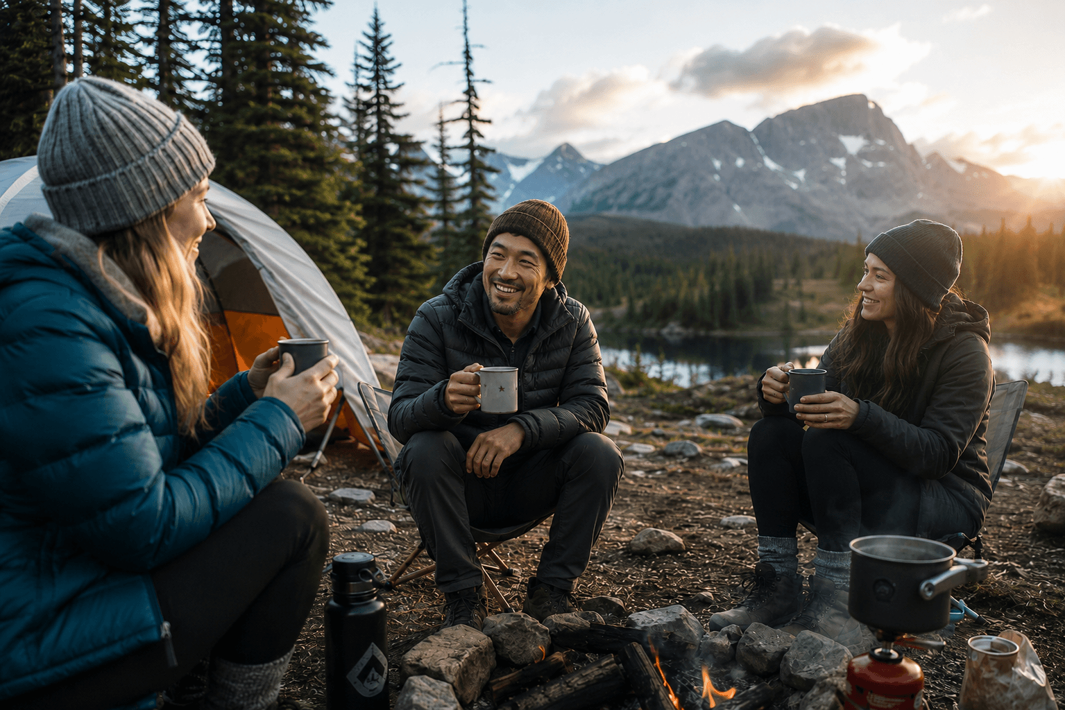 Campers drinking coffee in BC mountains at a campsite.
