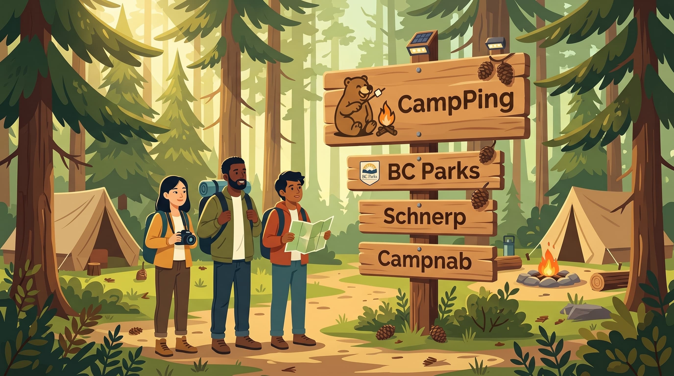 Illustration of campers standing in front of a wooden sign pointing to CampPing, BC Parks, Schnerp and Campnab.
