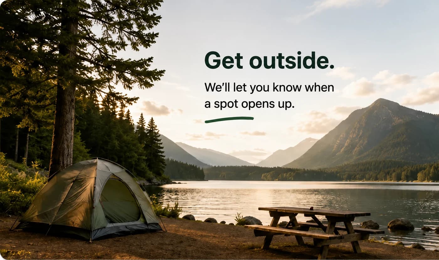 A tent beside a lake with mountains in the background and text that says get outside.