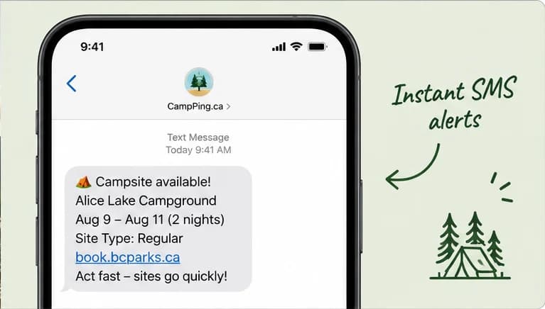 Example CampPing text message alert for an available Alice Lake campsite.