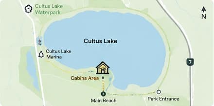 Illustrated map showing Cultus Lake, the Maple Bay cabins area, main beach, marina, waterpark, and park entrance.