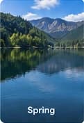 Cultus Lake in spring — calm water and mountain reflections near Maple Bay cabins.