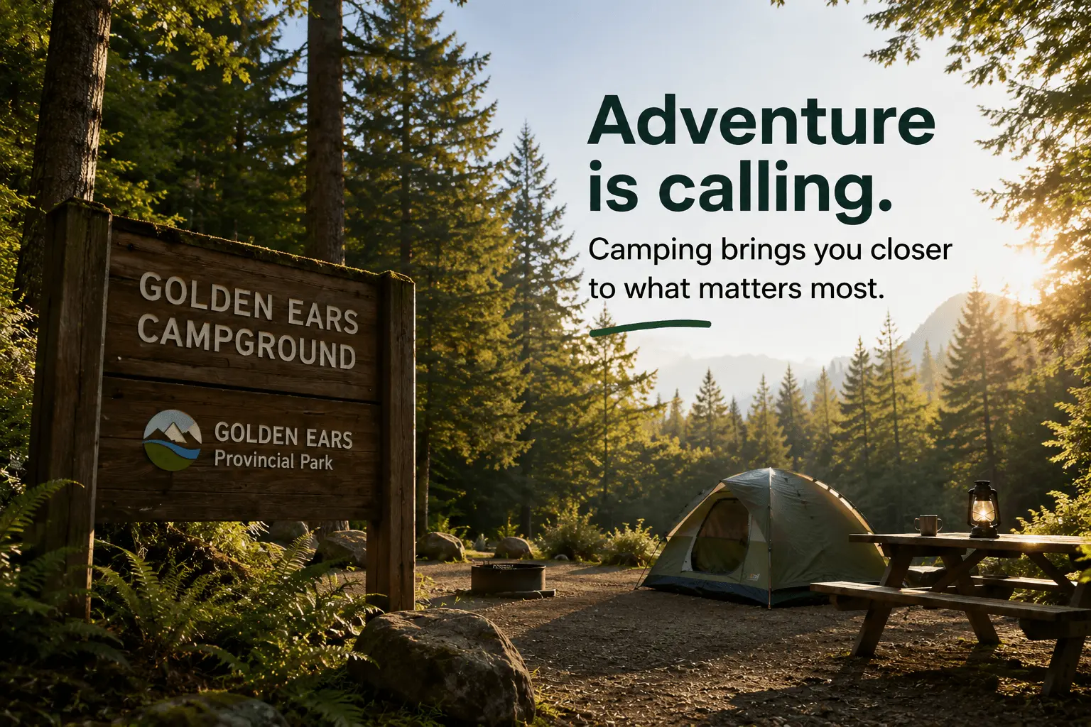 A tent beside a calm lake with forested mountains, like Alouette Lake at Golden Ears.