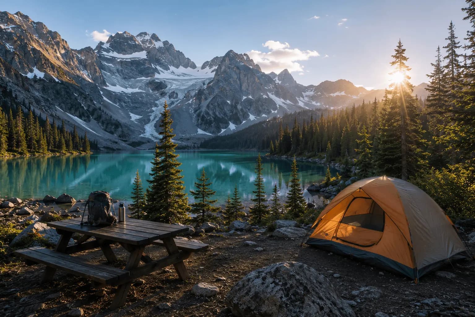 A tent beside a turquoise glacier-fed lake in the mountains, like Joffre Lakes.