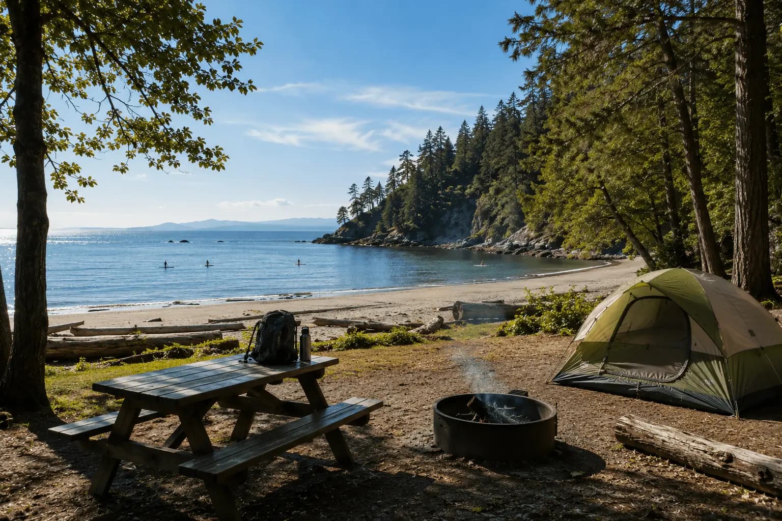A tent under a forest canopy near a sandy beach, like Miracle Beach on Vancouver Island.