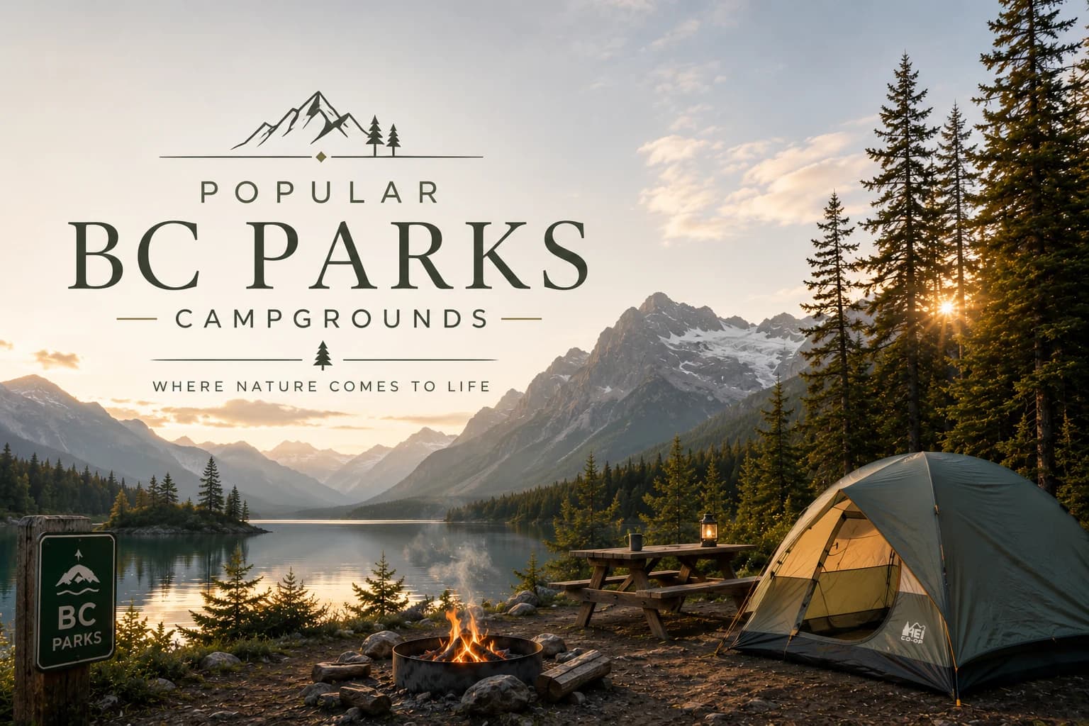 A campsite at golden hour with the words adventure is calling.