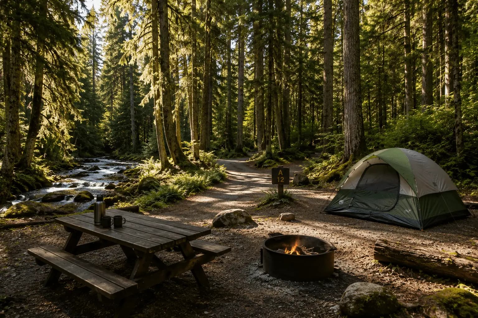 A tent beside a quiet forest lake, like Hicks Lake at Sasquatch Provincial Park.