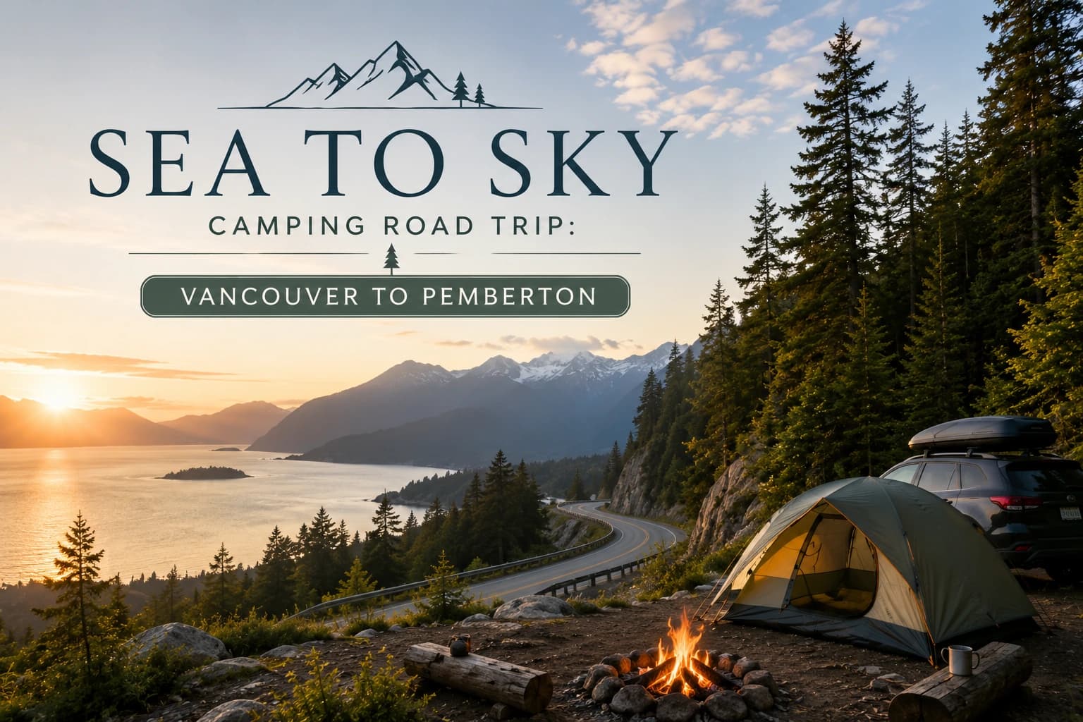 A campsite at golden hour in the mountains along the Sea to Sky corridor.