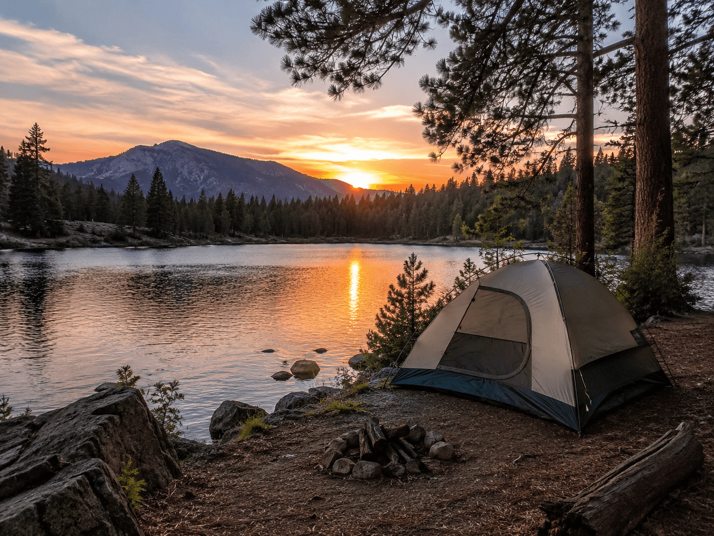 A tent pitched beside a lake at sunset in British Columbia.