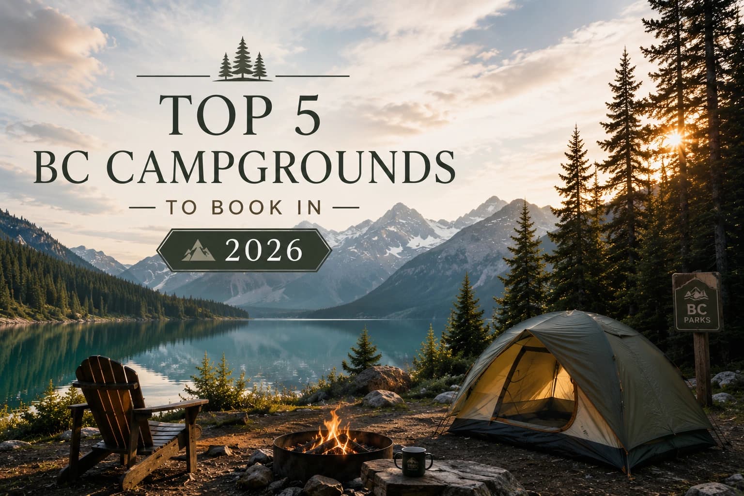 A tent beside a lake with mountains, representing top BC campgrounds.